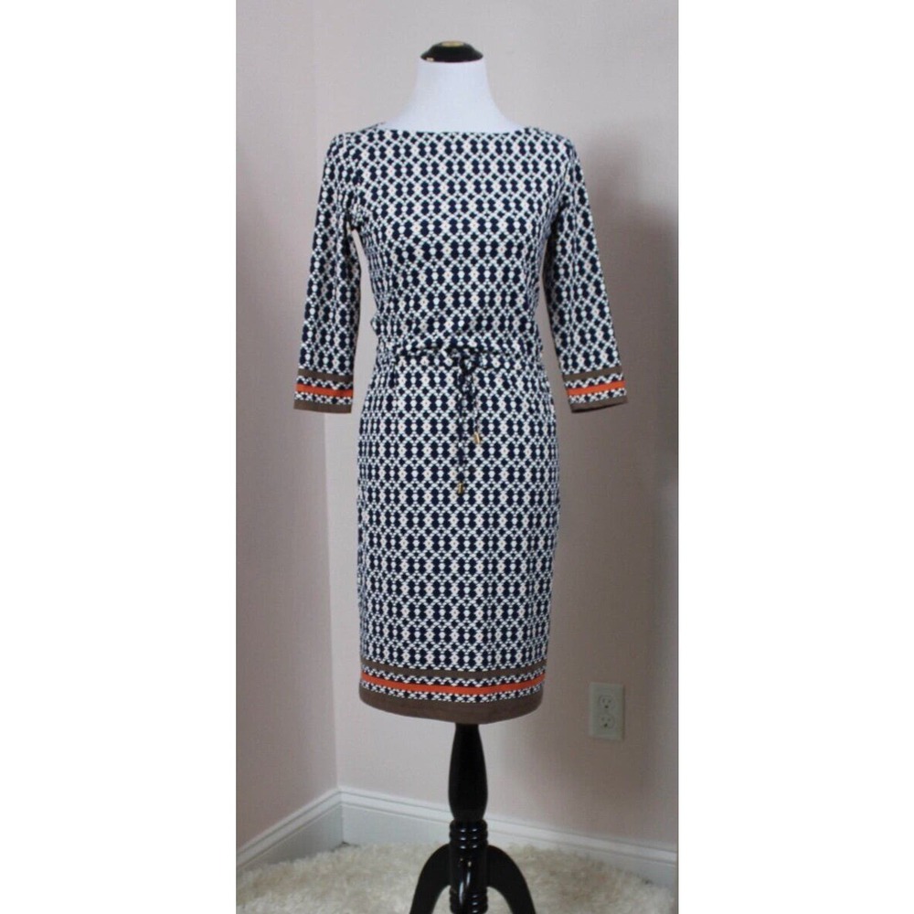 J MCLAUGHLIN Sz XS Navy Orange Print Catalina Cloth 3/4 Slv Tie Waist Dress